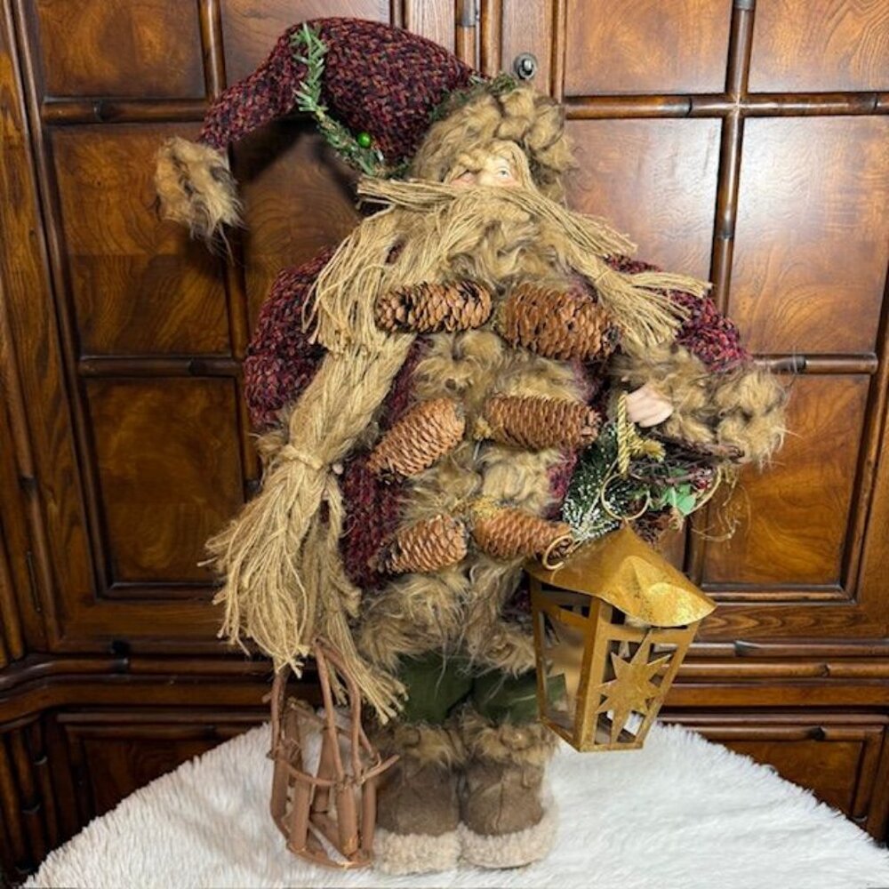 Vintage 25" Olde World Faux Fur Burgundy Tweed Braided Beard Metal Lantern Santa